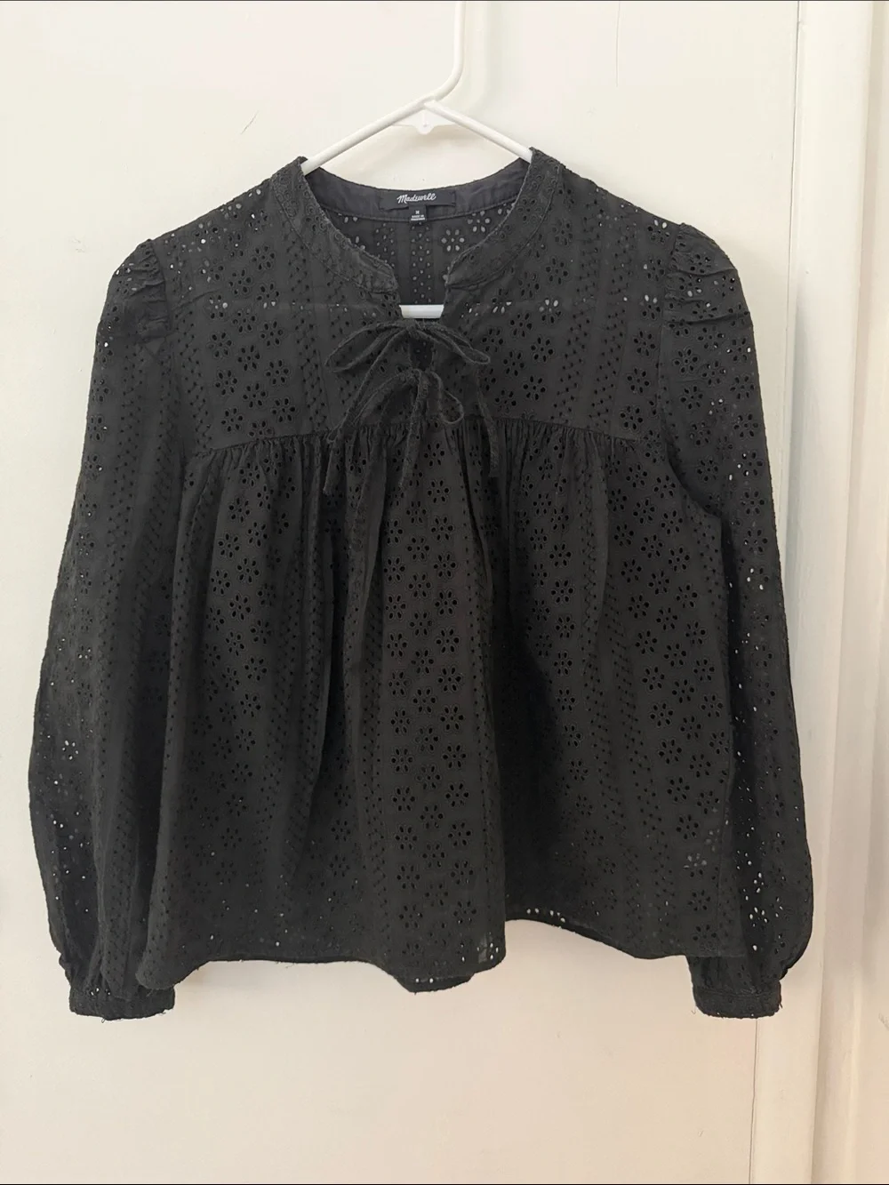 Madewell Black Eyelet Tie-Neck Peasant Blouse